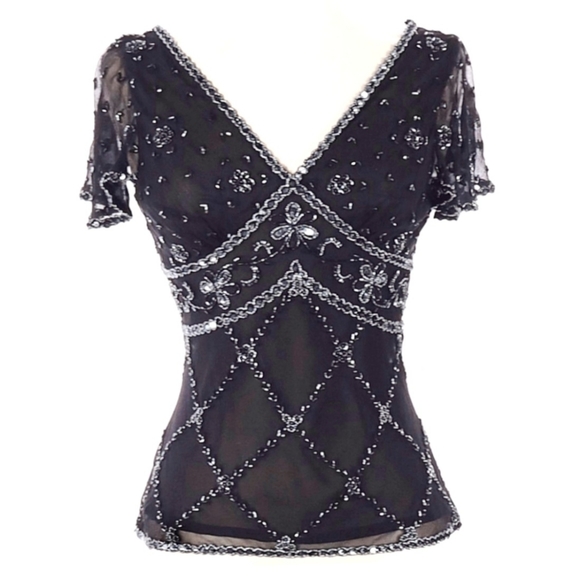 ♥️SOLD♥️Adrianna Papell Evening Wear Silk Bead Blk Blouse - Picture 3 of 13
